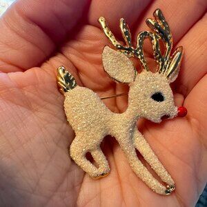 Vintage Style Reindeer Brooch Gold Glitter Flocked Holiday Christmas Pin 2.25"